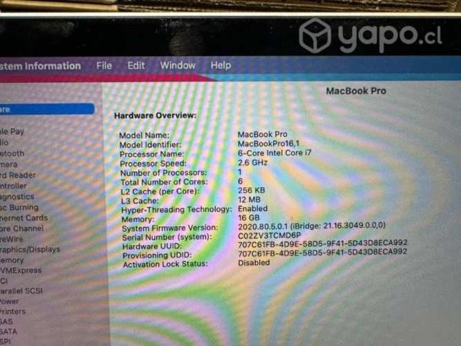 Macbook pro 16 / i7 / 2.6 / 16gb / 512 ssd 2019