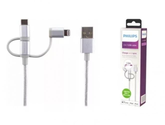 Cable 3 En 1 Para iPhone / Type C / Micro Usb Silv