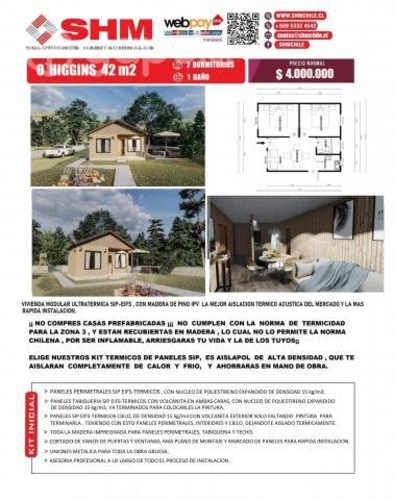 CASA PREFABRICADA SIP TERMICA OHIGGINS 42 m2 2D-1B