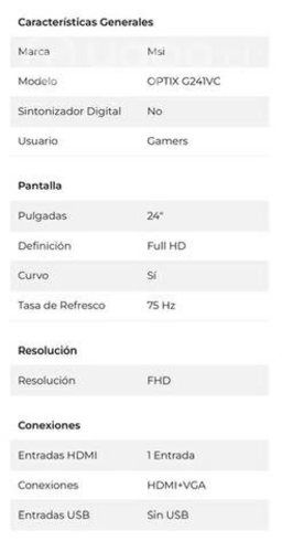 Monitor MSI 23.6 Curvo FHD 75Hz 1ms Optix G241VC