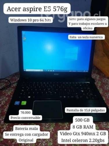 Notebook Acer aspire E5 576g, con cargador origina