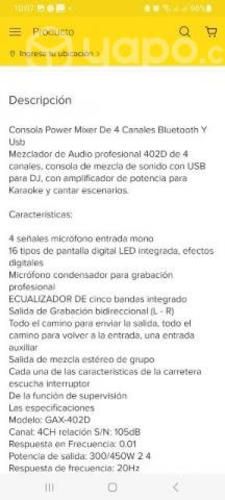 Mixer 4 canales Bluetooth y Usb