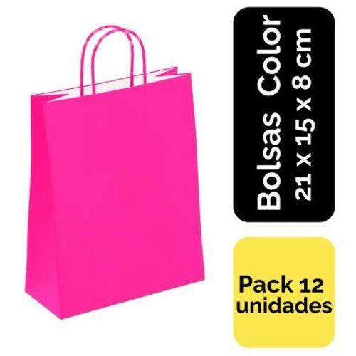 Pack 12 Bolsas Papel Color Fucsia 21x15x8cm