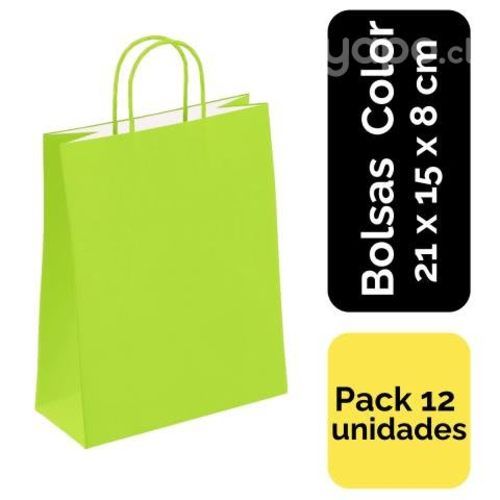 Pack 12 Bolsas Papel Color Verde Lima 21x15x8cm