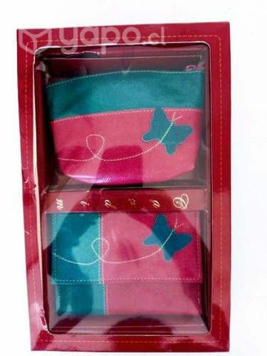 Kit Monedero de Cuero Genuino Cardim (Azul/Rosa)