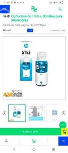 Tinta Hp Gt52 color celeste