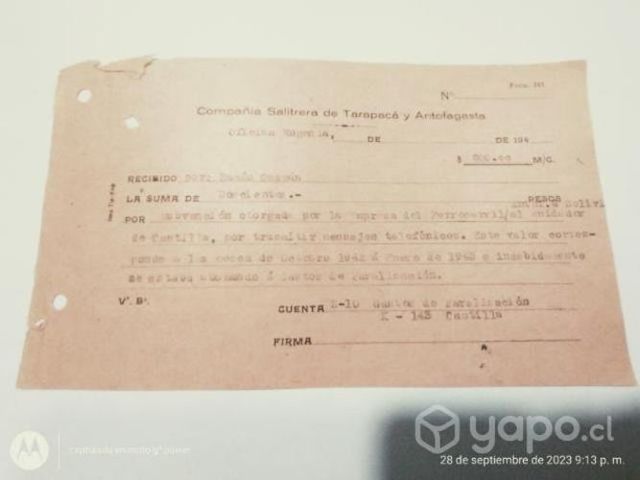 Recibo compañía salitrera Tarapacá y Antofagasta