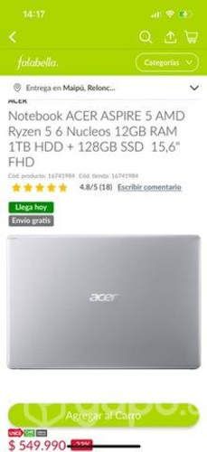 Acer aspire 5 12gb de ram, amd ryzen 5, 256 gb