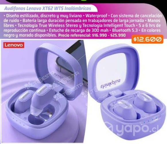 Audífonos Lenovo Morados XT62 Bluetooth Nuevos