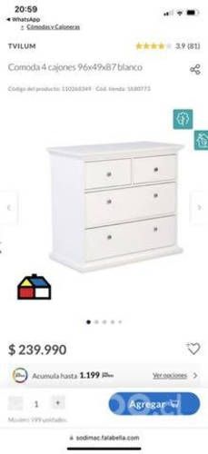 Comoda cajonera blanca tvilum sodimac modelo paris