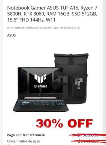 Pc Gamer ASUS TUF A15, Ryzen 7, RTX 3060 16 RAM