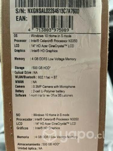 Notebook ACER aspire A314-31-COV4,4ram, 500 gb