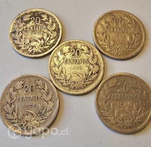 Colección monedas 20 centavos 1921 1922 1923 1924