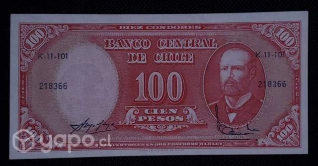 Billete Chile 100 escudos remarcado 10 centésimos