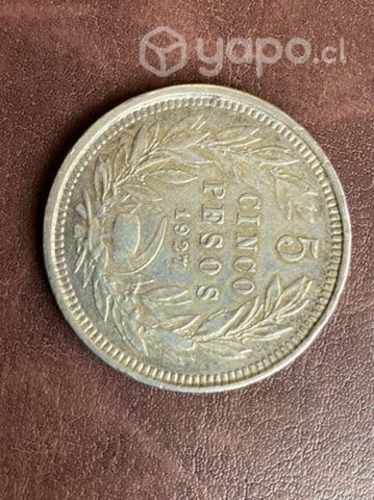 Antigua moneda de Chile $5 pesos Plata 1927 dispón