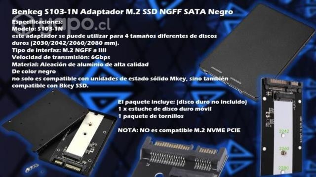 Benkeg S103-1N Adaptador M.2 SSD NGFF SATA Negro