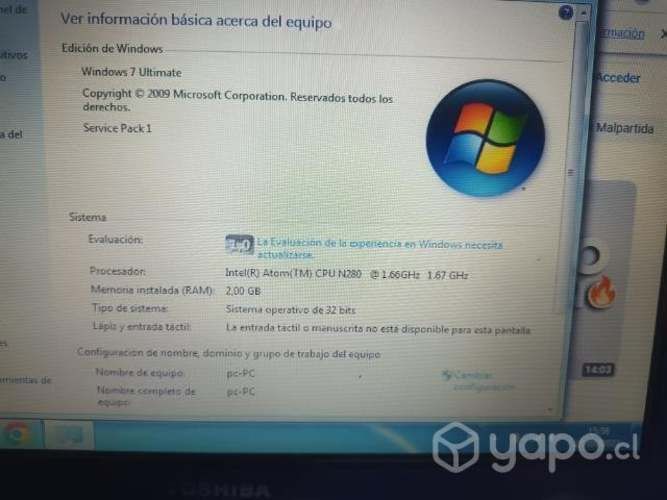 Netbook Toshiba 2gb Windows7 Intel 1 67ghz funcio
