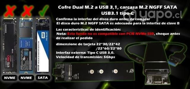 Cofre Dual M.2 a USB 3,1, carcasa M.2 NGFF SATA U