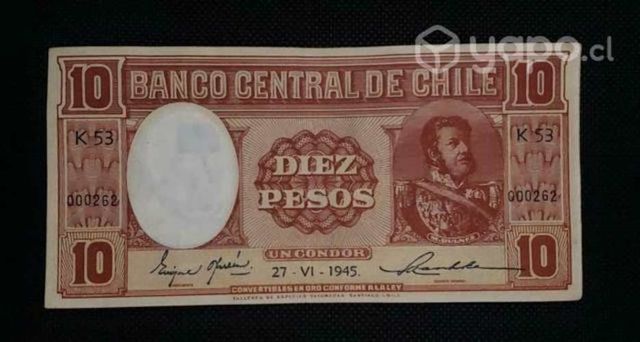 Chile 10 pesos Fechado 27-VI-1945