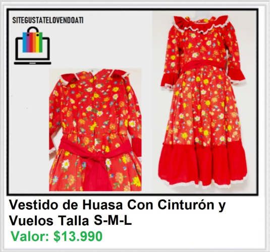 Vestido de Huasa Rojo Flores y Cinta en Cintura