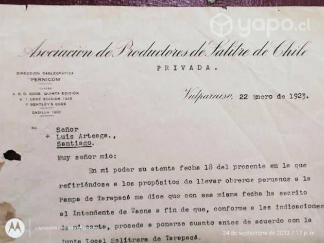 Antiguo documento salitrero