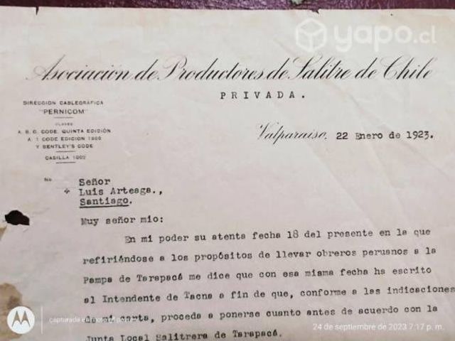Antiguo documento salitrero