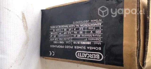 Bomba sumergible 0,5HP marca BERCATTI esta sellada