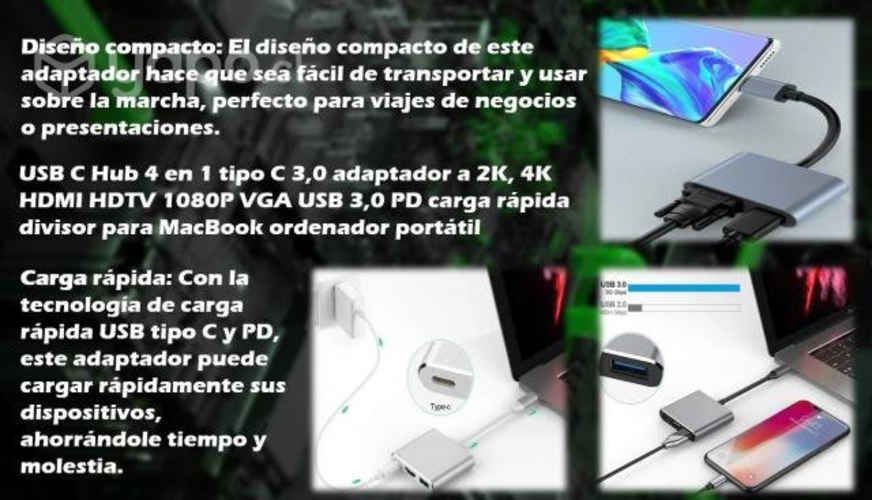 Adaptador 4 en 1 a 4K, HDMI, VGA, Puerto C, USB 3,