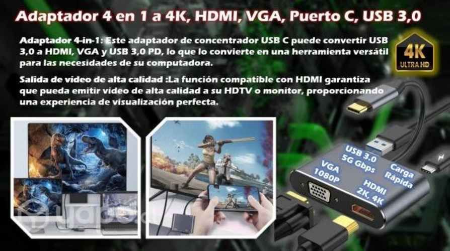 Adaptador 4 en 1 a 4K, HDMI, VGA, Puerto C, USB 3,