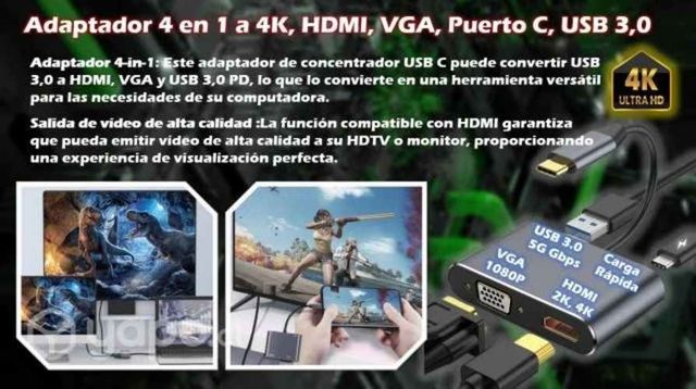 Adaptador 4 en 1 a 4K, HDMI, VGA, Puerto C, USB 3,