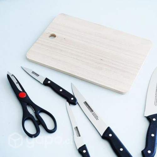 Kit de cuchillos con tabla de picar de madera 6 pi