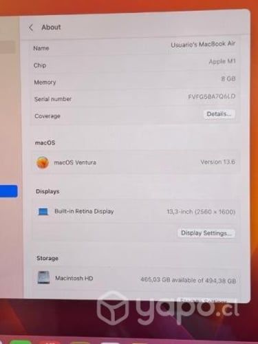 Macbook Air M1 2020 (no incluye cargador)