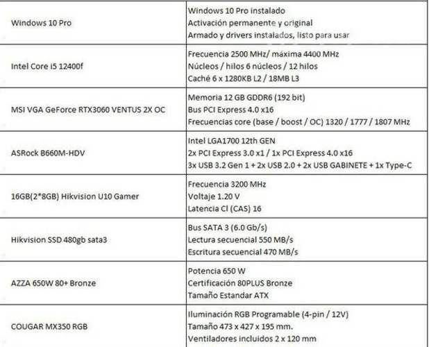 Pc gamer Rtx 3060 OC