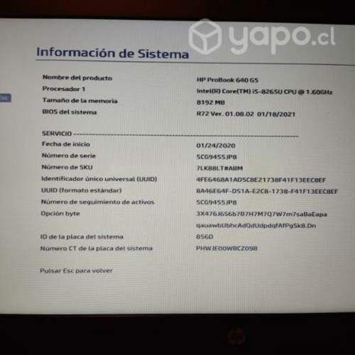 NOTEBOOK HP ICORE5 8va GENERACION