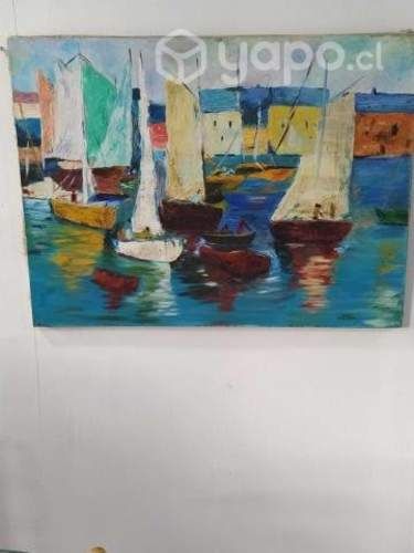 Cuadro Oleo en tela "Botes en la Bahía"