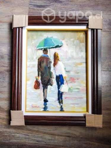 Cuadro- Pintura. Pareja bajo la lluvia