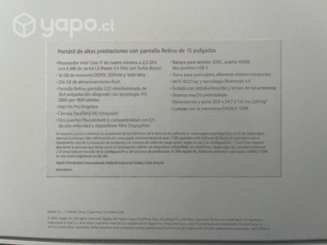 Macbook pro 15' i7 256 gb 16gb ram