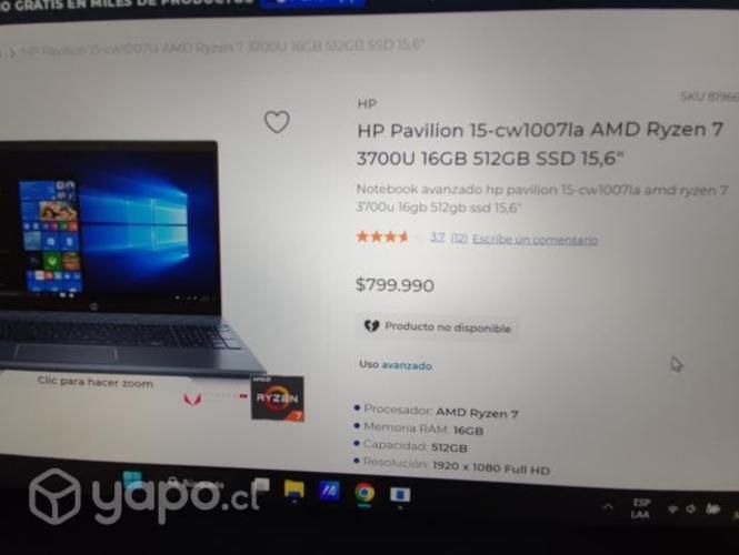 Notebook HP Ryzen 7 con 16gb en ram 512gb DD