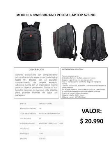 Mochila swissbrand porta laptop 576 nueva 30% off