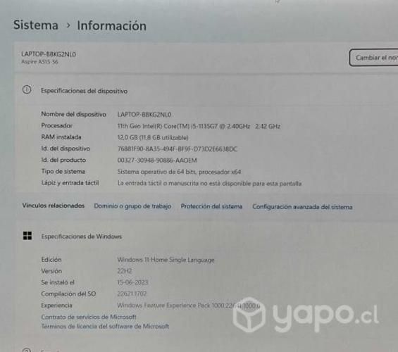 Acer I5 11Ava hasta 4,2Ghz/12GB /512 Nvme SSD/15,6