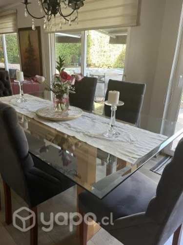 Comedor mesa de vidrio y 6 sillas de felpa gris