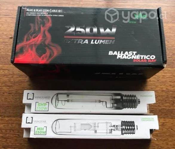 Balastro 250W, ampolletas V y F, reflector