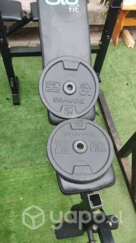 Banco blufit ajustable, barra 180cm, 2 discos 10kg