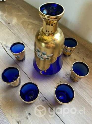 Antigua botella y vasos cristal Venecia dorado Oro