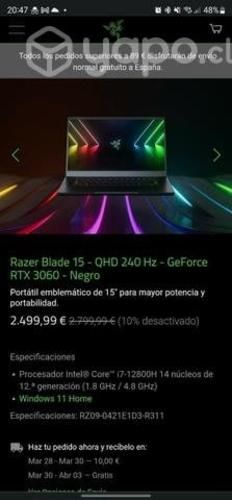 Razer Blade 15 QHD 240Hz RTX3060 '22 teclado con Ñ