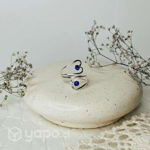 Anillo Ajustable Plata 925 Corazones y Zafiro