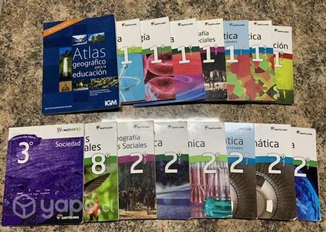 Libros escolares Santillana y atlas