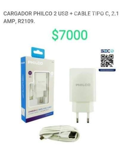 Cargador philco 2 usb + cable tipo c, 2.1 amp, r21