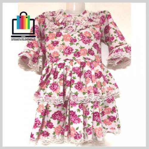 Vestido de Huasita Flores Rojo Rosadas Vuelos