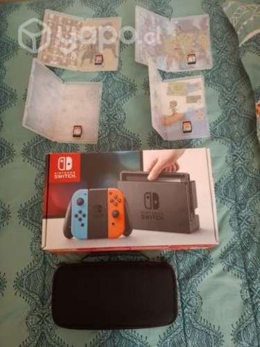 Nintendo Switch + Caja + 4 juegos + Estuche